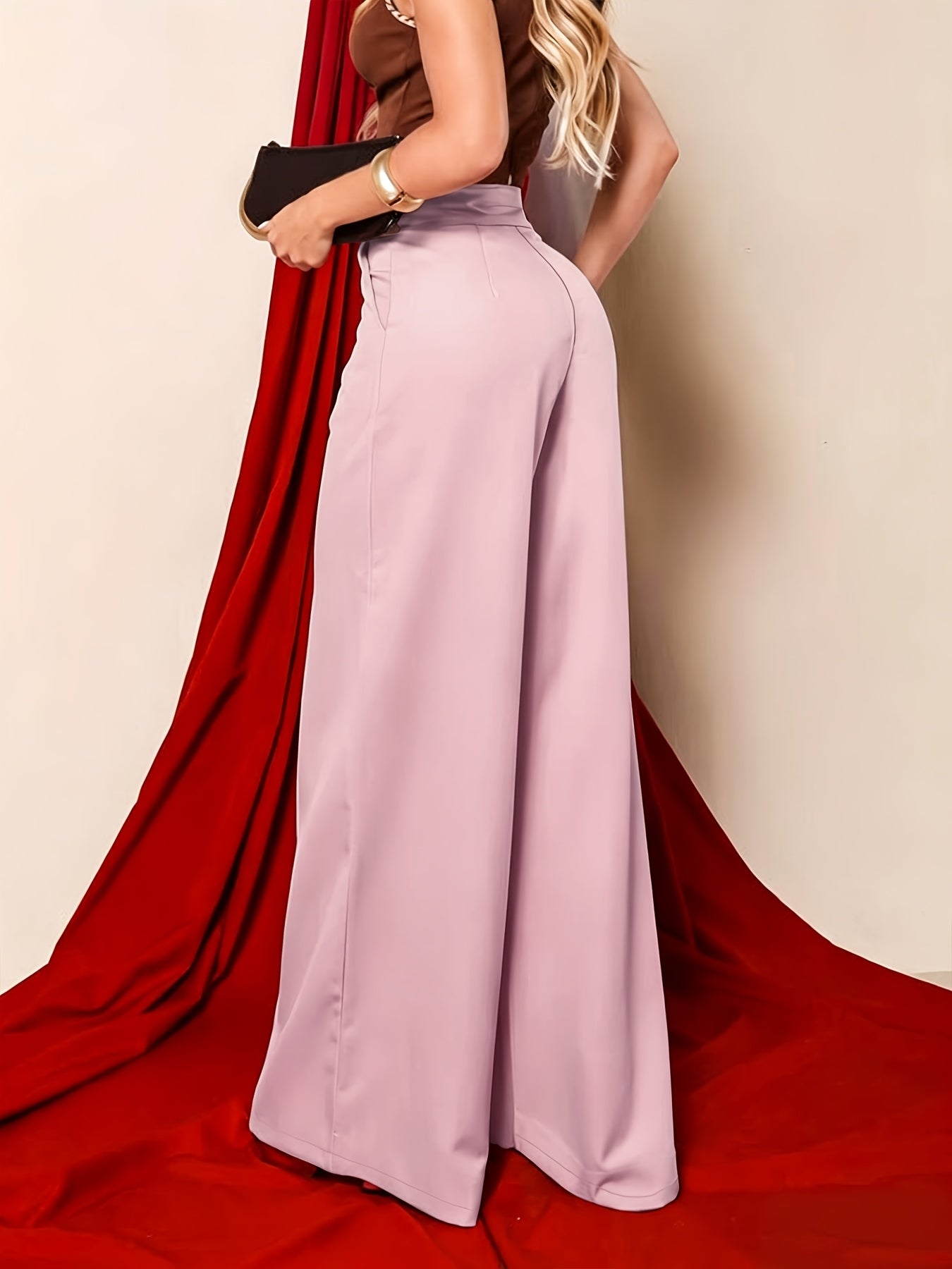 Elegant Khaki Wide Leg Pants for Women with High Waist Notched Button Tailored Flowing Style