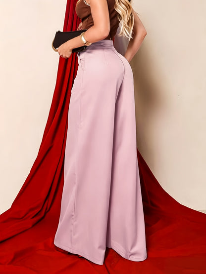 Elegant Khaki Wide Leg Pants for Women with High Waist Notched Button Tailored Flowing Style
