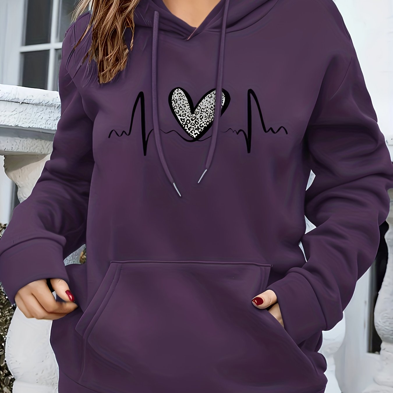 Effortless Heartbeat Print Hoodie for Women with Drawstring Long Sleeve Kangaroo Pocket Relaxed Style