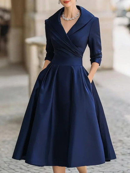 Elegant Satin Midi Dress for Women with Wrap V Neck Elbow Sleeve Pleated A Line Cocktail Style