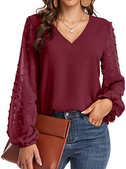 Elegant Swiss Dot Blouse for Women with V Neck Balloon Sleeve Relaxed Silky Style