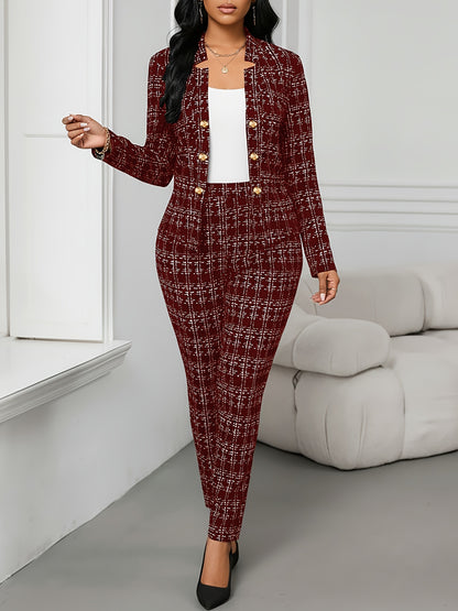 Elegant Plaid Tweed Two Piece Set for Women with Stand Collar Double Breasted Jacket Tailored Pant Formal Style