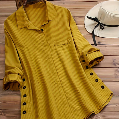 Effortless Striped Tunic Blouse for Women with Collar Long Sleeve Button Front Relaxed Style
