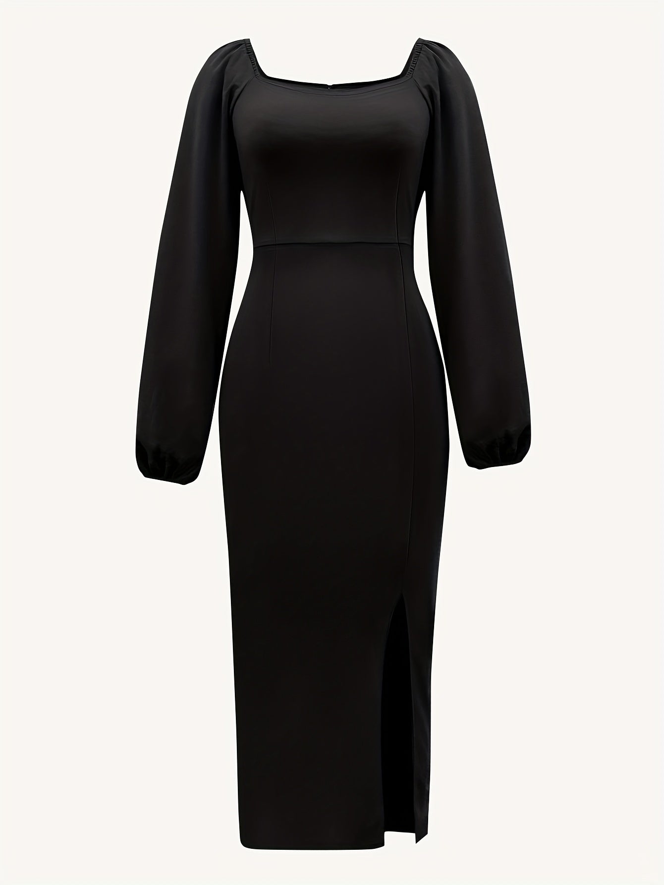 Elegant Bodycon Midi Dress for Women with Square Neck Long Puff Sleeve Side Slit Cocktail Style