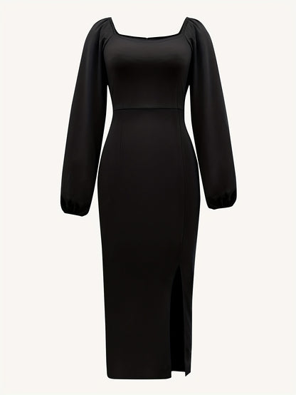 Elegant Bodycon Midi Dress for Women with Square Neck Long Puff Sleeve Side Slit Cocktail Style