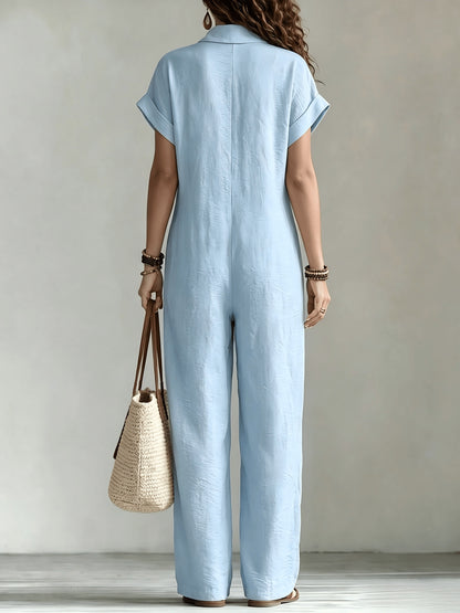 Effortless Linen Wide Leg Jumpsuit for Women with Collar Short Sleeve Button Front Relaxed Style