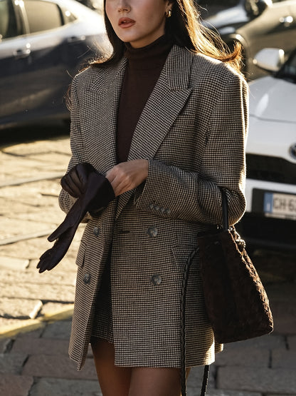 Elegant Coffee Brown Houndstooth Two Piece Set for Women with Notched Lapel Long Sleeve Blazer Tailored Shorts Casual Style