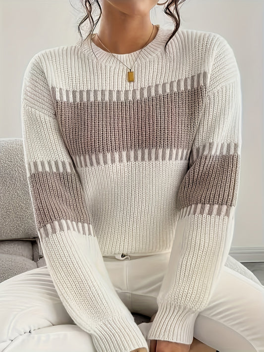Comfortable Colorblock Striped Sweater for Women with Crew Neck Long Sleeve Ribbed Oversized Knit Style