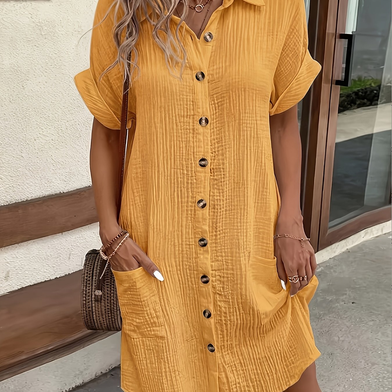 Effortless Textured Cotton Shirt Dress for Women with Collar Short Sleeve Button Front Relaxed Casual Style
