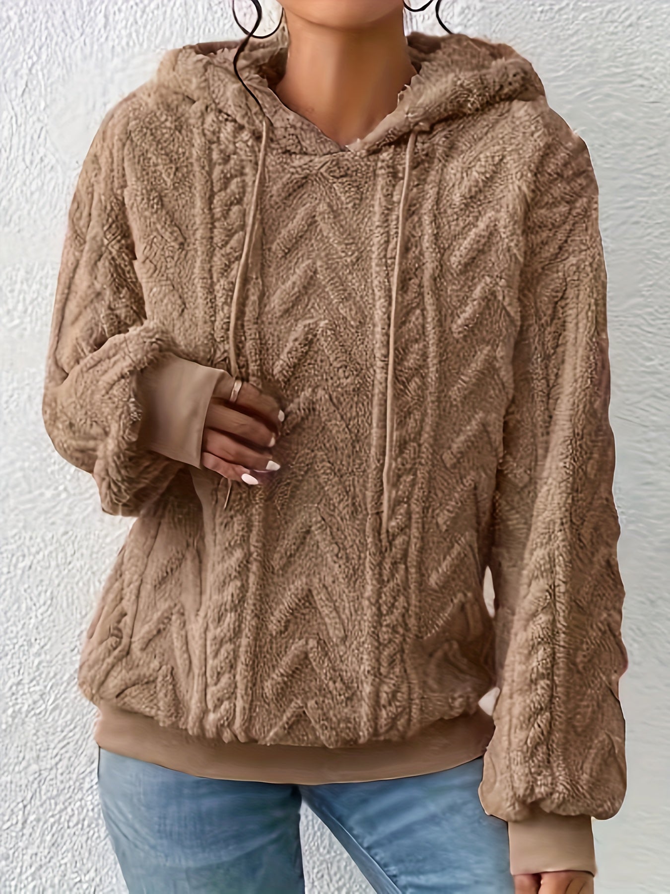 Comfortable Cable Knit Fleece Hoodie for Women with Drawstring Hood Long Sleeve Ribbed Cuff Oversized Style