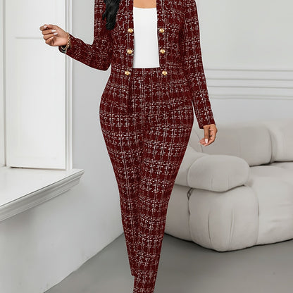 Elegant Plaid Tweed Two Piece Set for Women with Stand Collar Double Breasted Jacket Tailored Pant Formal Style