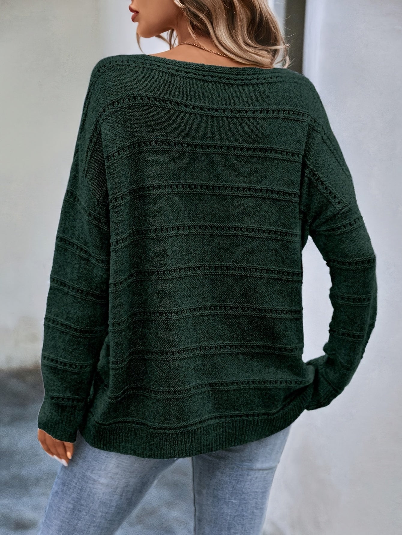 Comfortable Striped Pointelle Sweater for Women with Boat Neck Long Sleeve Drop Shoulder Oversized Knit Style