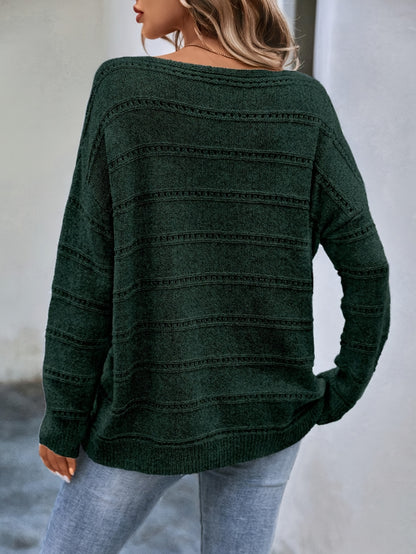 Comfortable Striped Pointelle Sweater for Women with Boat Neck Long Sleeve Drop Shoulder Oversized Knit Style