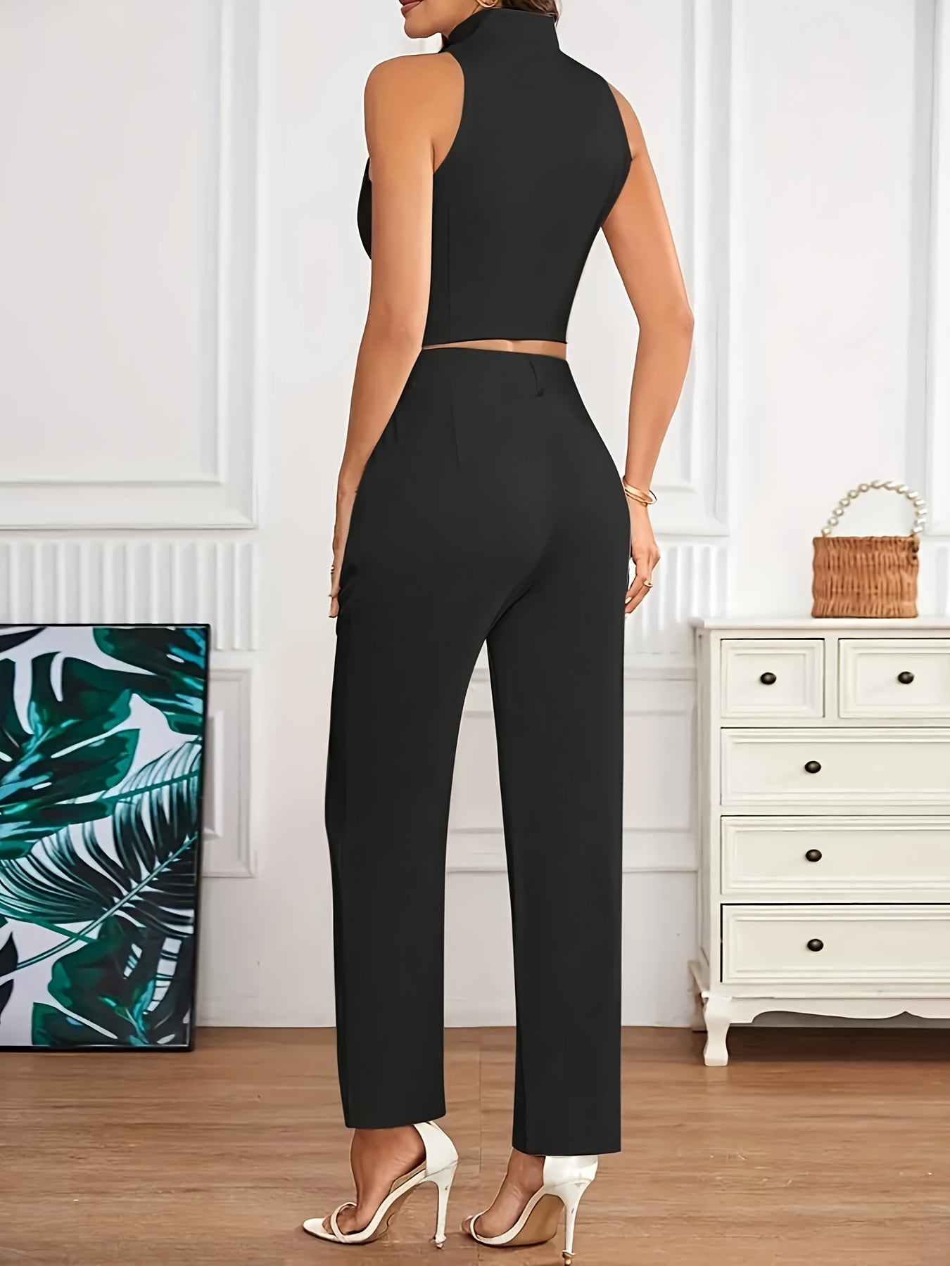 Elegant Tailored Two Piece Set for Women with V Neck Button Front Vest Wide Leg Pant Formal Style