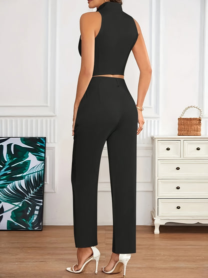 Elegant Tailored Two Piece Set for Women with V Neck Button Front Vest Wide Leg Pant Formal Style