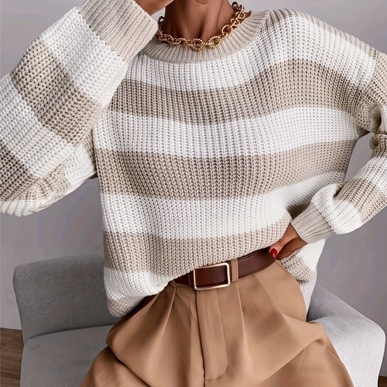 Comfortable Striped Sweater for Women with Crew Neck Long Sleeve Relaxed Oversized Knit Style