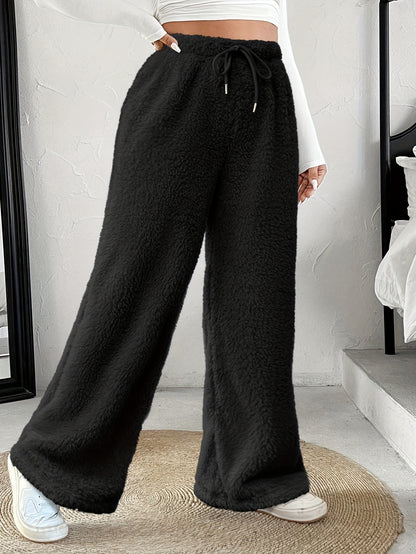 Effortless Fuzzy Fleece Wide Leg Pants for Women with High Waist Drawstring Relaxed Cozy Style