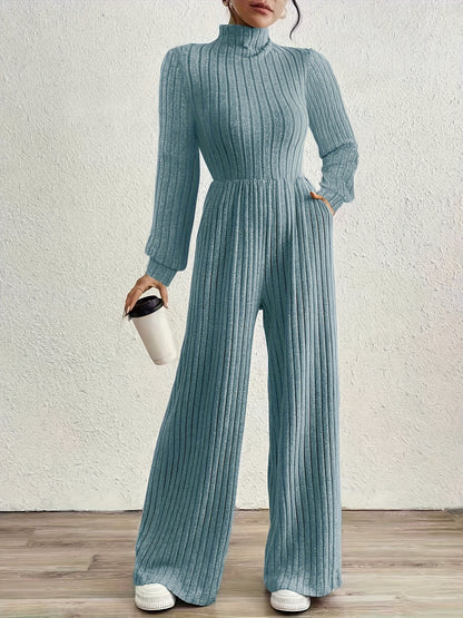 Elegant Ribbed Knit Jumpsuit for Women with Mock Neck Long Sleeve Wide Leg Casual Style
