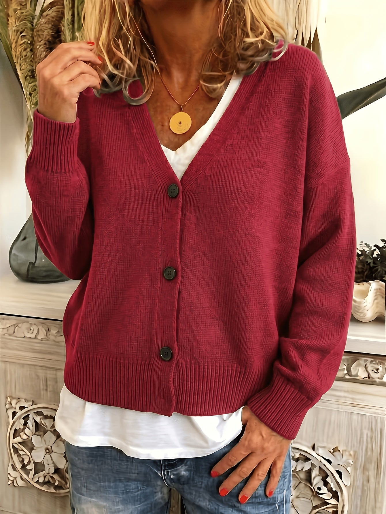 Comfortable Ribbed Knit Cardigan for Women with V Neck Long Sleeve Button Front Relaxed Oversized Style