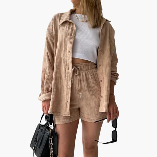 Effortless Cotton Gauze Two Piece Set for Women with Collared Button Front Long Sleeve Drawstring Shorts Relaxed Style