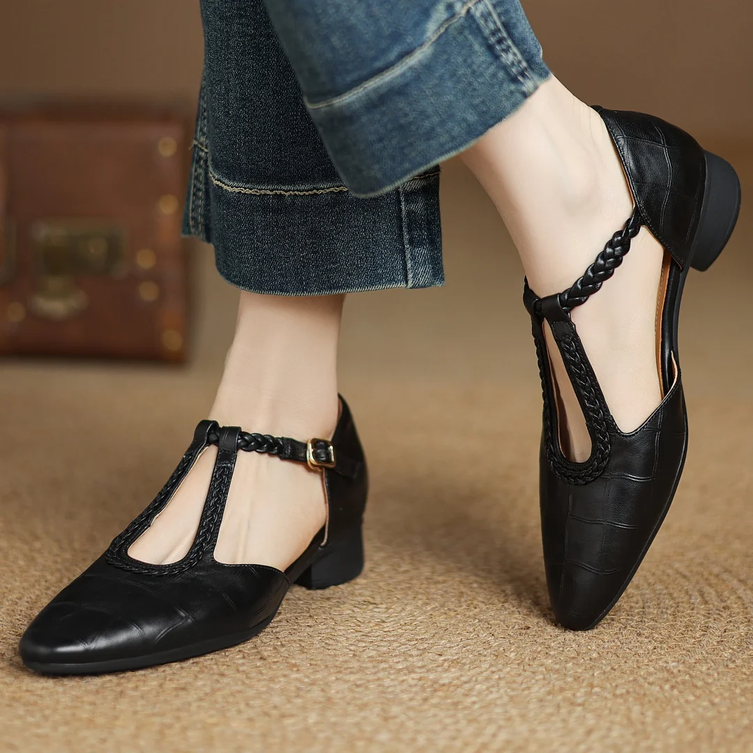 Elegant Croc Embossed T-Strap Flats for Women with Braided Strap Pointed Toe Block Heel Style