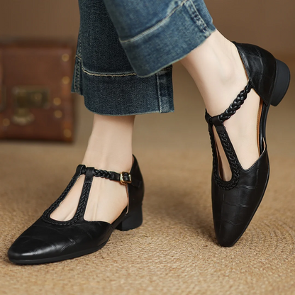 Elegant Croc Embossed T-Strap Flats for Women with Braided Strap Pointed Toe Block Heel Style
