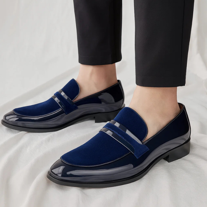 Elegant Velvet Patent Leather Loafer for Women with Pointed Toe Slip On Metallic Bar Formal Style