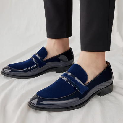 Elegant Velvet Patent Leather Loafer for Women with Pointed Toe Slip On Metallic Bar Formal Style