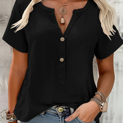 Effortless Textured Linen Blouse for Women with Notch V Neck Short Sleeve Button Front Casual Style
