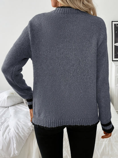 Comfortable Contrast Trim Cardigan Sweater for Women with V Neck Long Sleeve Button Front Knit Style