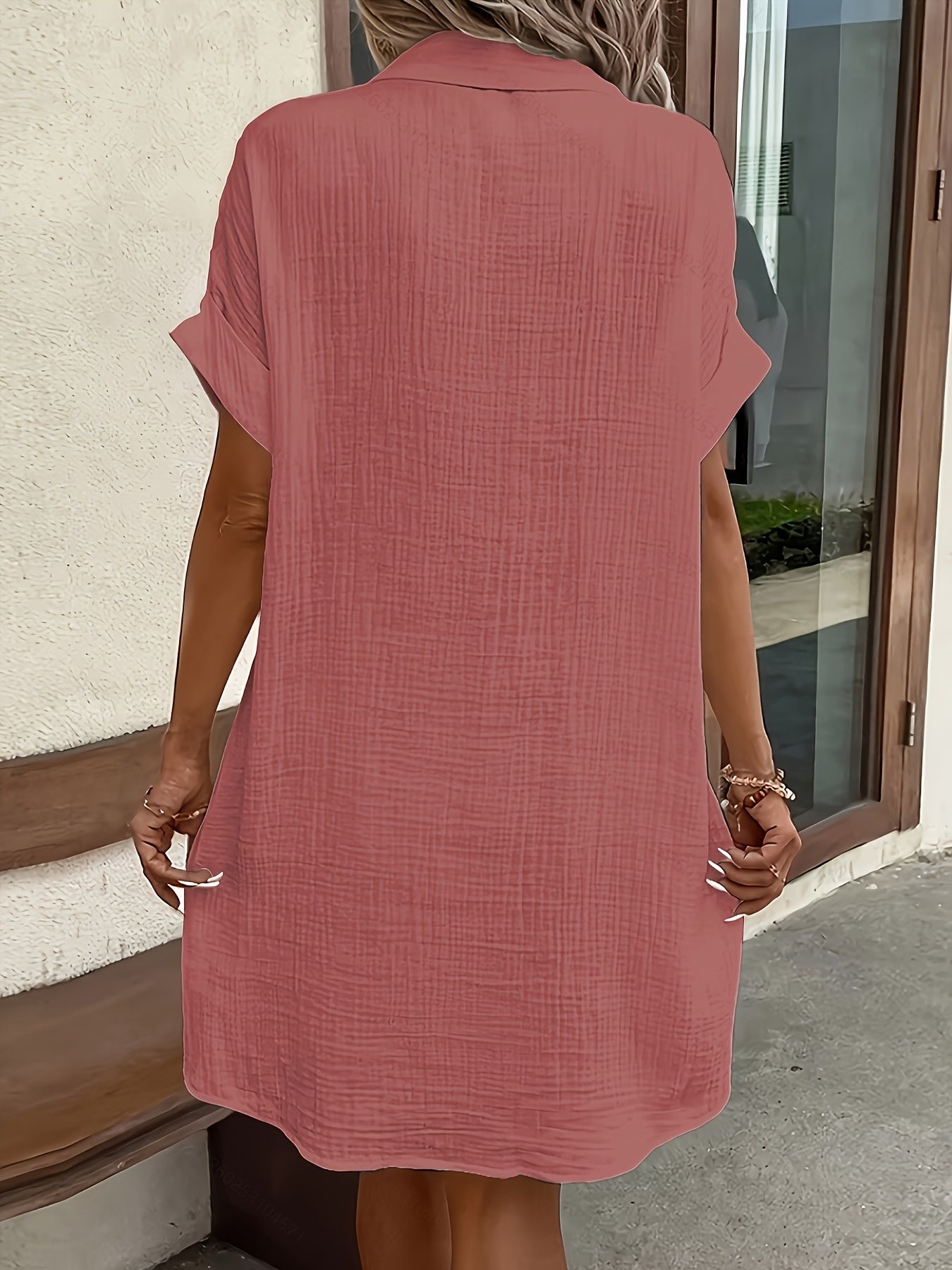 Effortless Textured Cotton Shirt Dress for Women with Collar Short Sleeve Button Front Relaxed Casual Style
