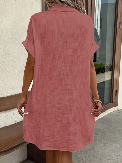 Effortless Textured Cotton Shirt Dress for Women with Collar Short Sleeve Button Front Relaxed Casual Style