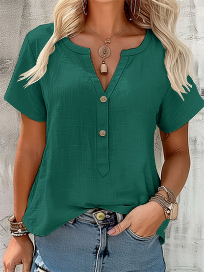 Effortless Textured Linen Blouse for Women with Notch V Neck Short Sleeve Button Front Casual Style