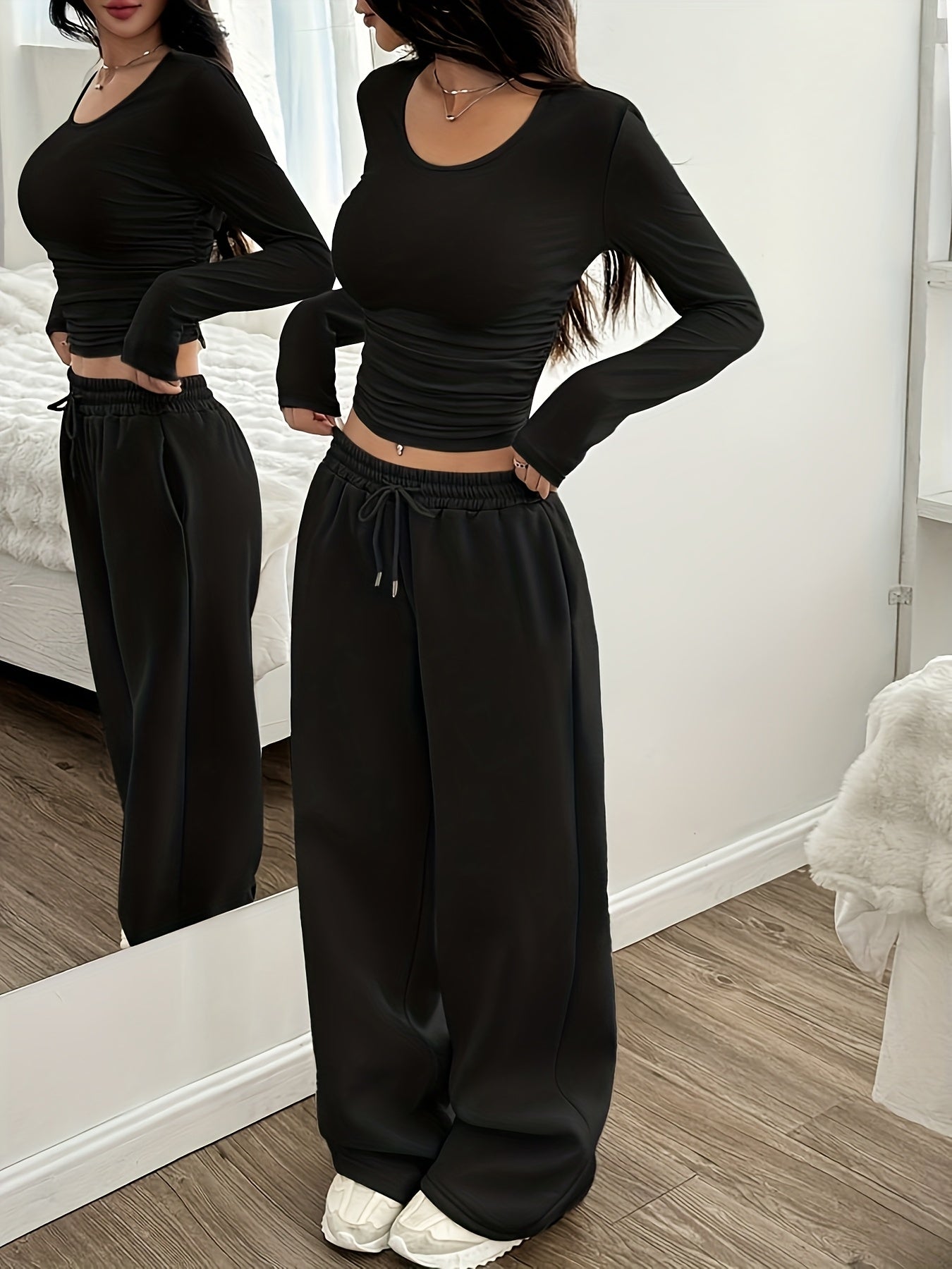 Effortless Wide Leg Set for Women with Round Neck Long Sleeve Ruched Drawstring Two Piece Style