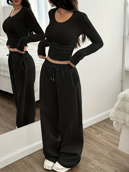 Effortless Wide Leg Set for Women with Round Neck Long Sleeve Ruched Drawstring Two Piece Style