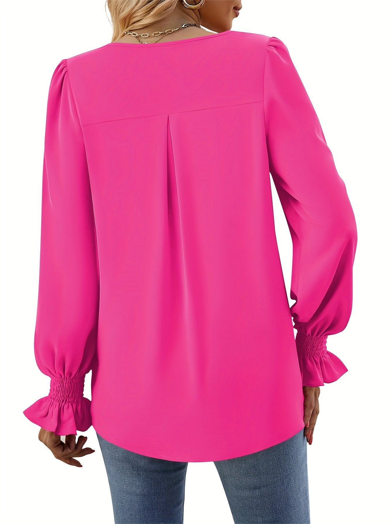 Effortless Pleated Blouse for Women with V Neck Balloon Sleeve Smocked Cuff Relaxed Style
