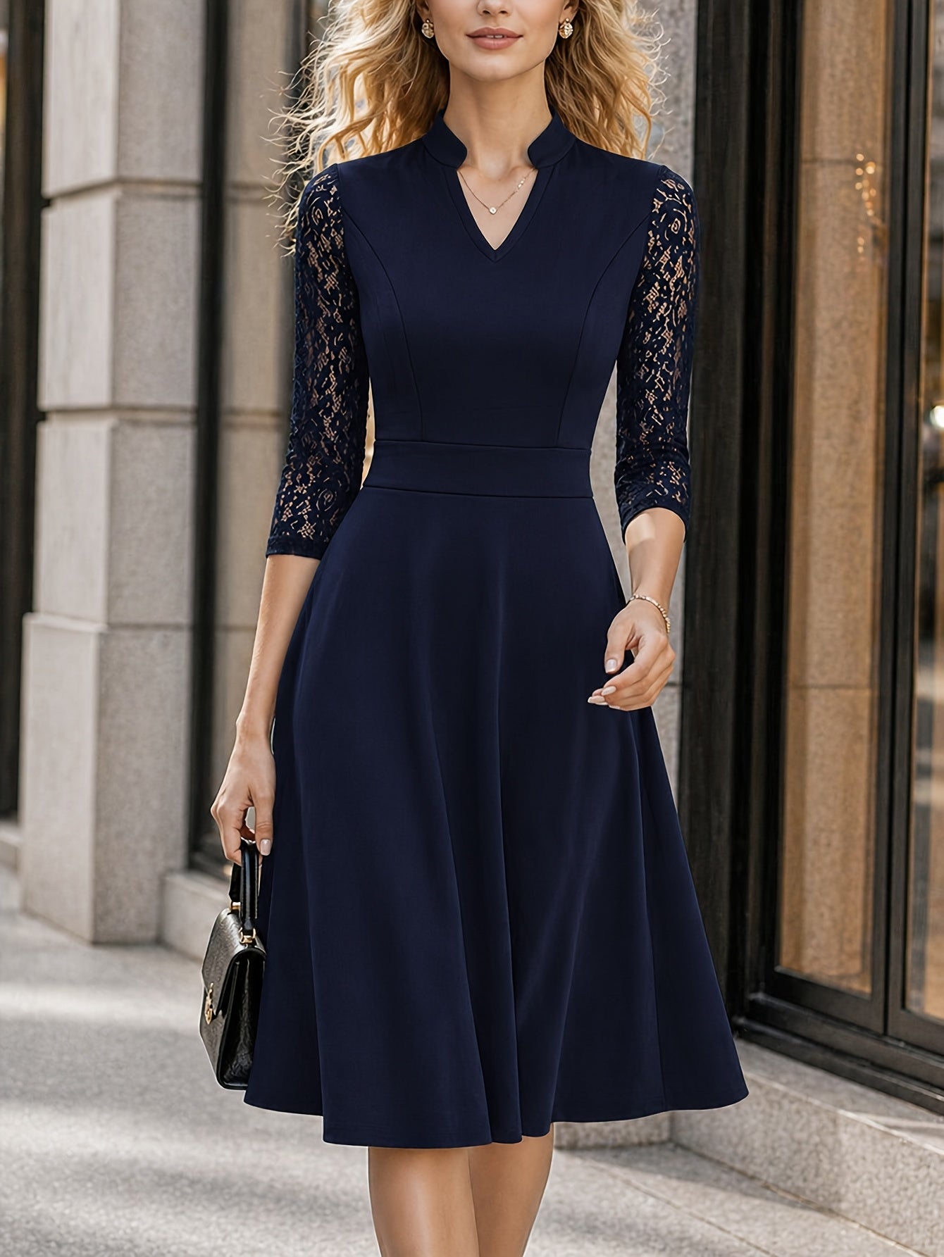Elegant Lace Midi Dress for Women with V Neck Elbow Sleeve Fit and Flare Cocktail Style