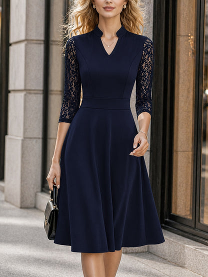 Elegant Lace Midi Dress for Women with V Neck Elbow Sleeve Fit and Flare Cocktail Style