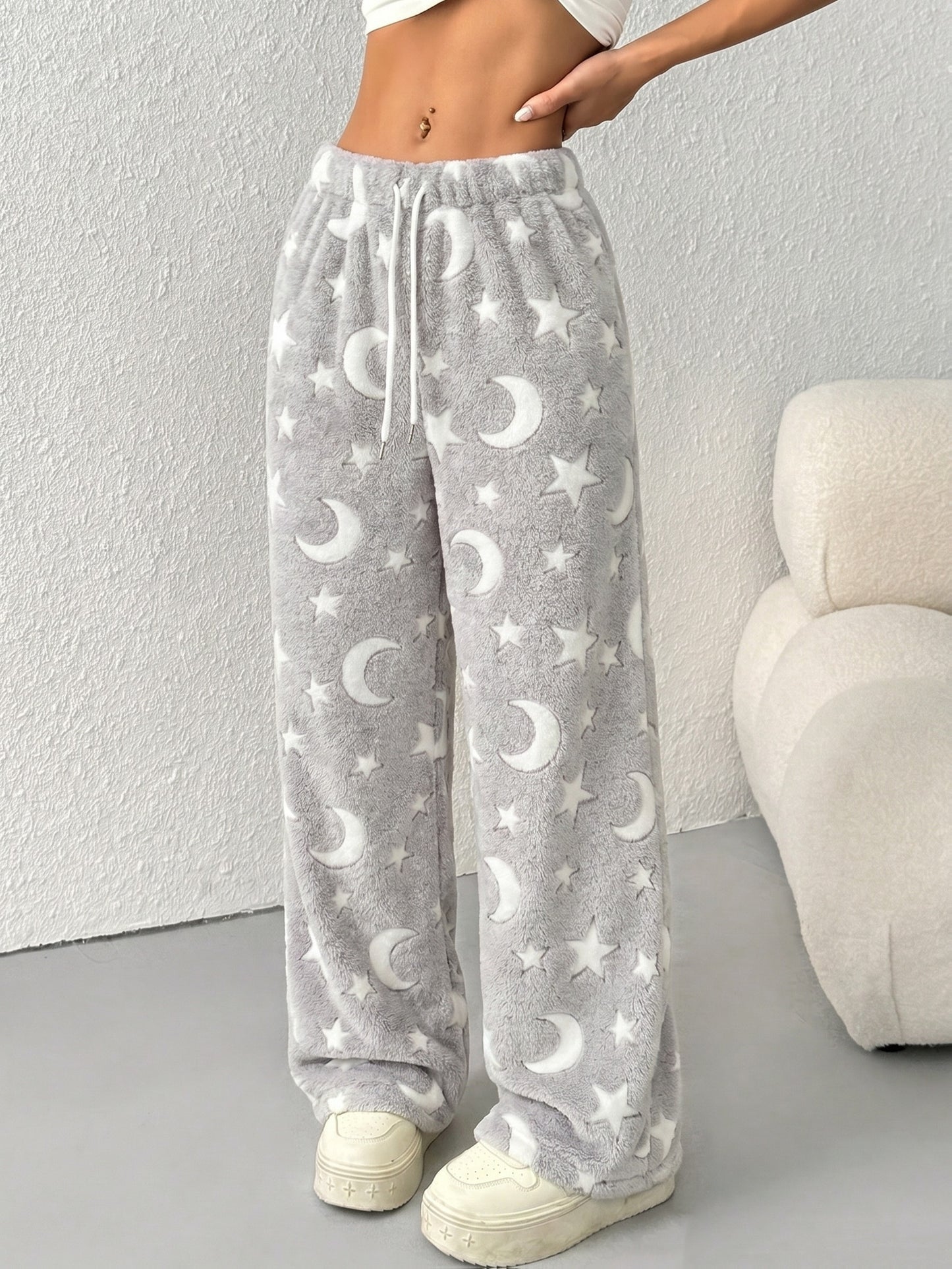 Comfortable Star Print Fleece Pajama Pants for Women with High Waist Drawstring Wide Leg Relaxed Style