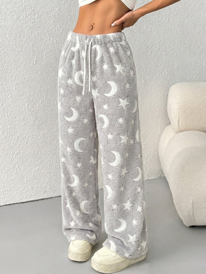 Comfortable Star Print Fleece Pajama Pants for Women with High Waist Drawstring Wide Leg Relaxed Style