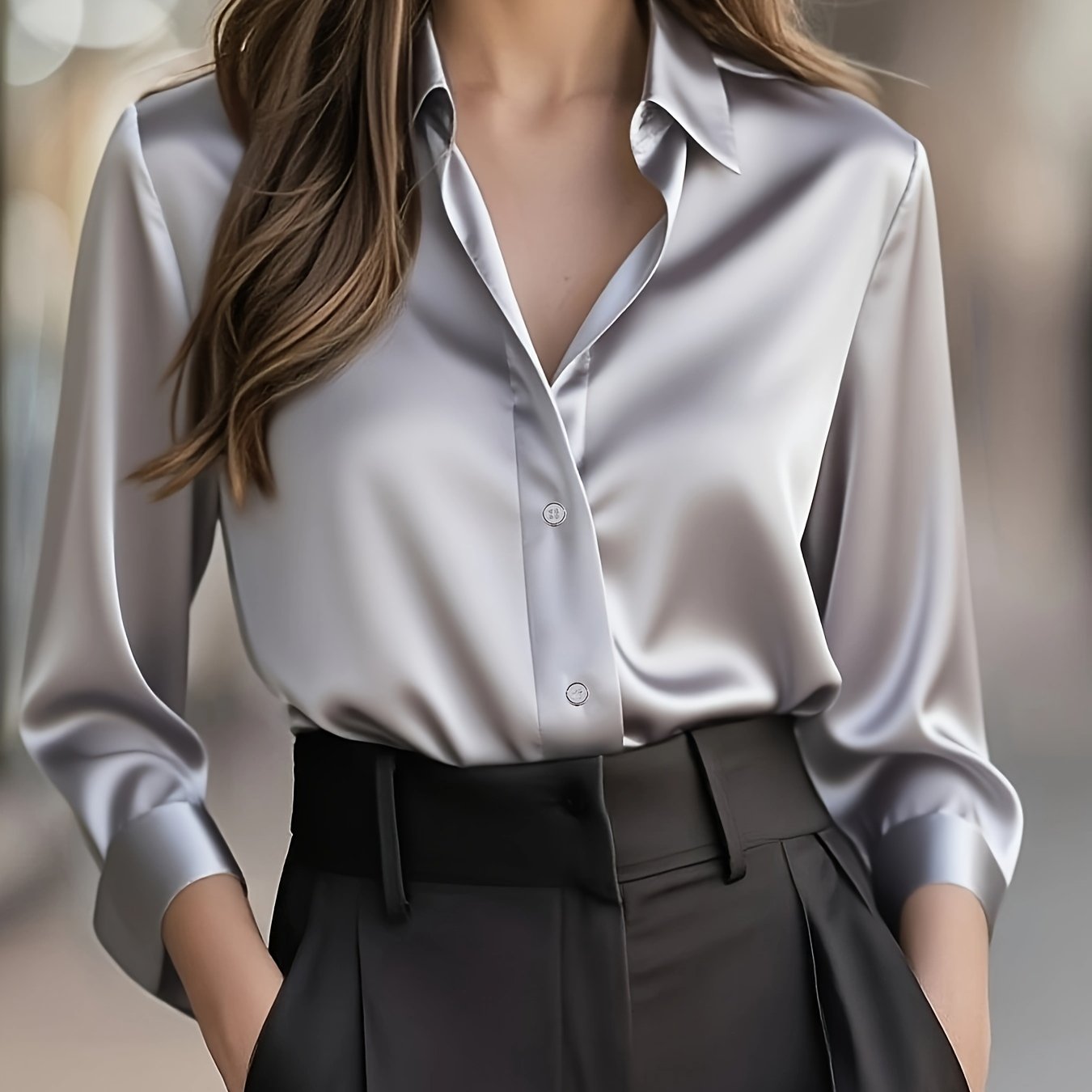 Elegant Satin Blouse for Women with Collar Long Sleeve Button Front Relaxed Silky Style