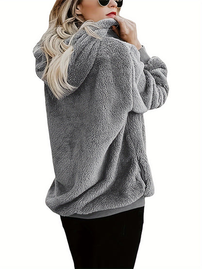 Comfortable Grey Sherpa Hoodie for Women with Quarter Zip Long Sleeve Relaxed Oversized Knit Style