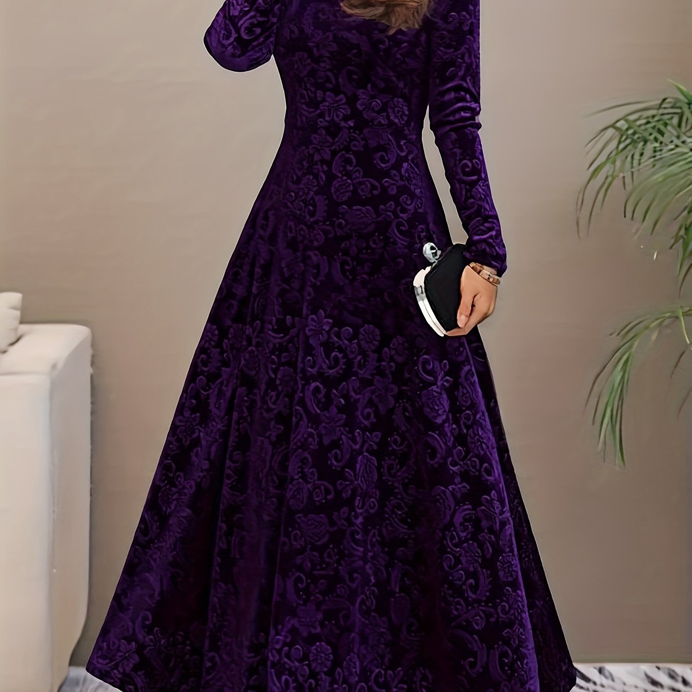 Elegant Velvet Floral Maxi Dress for Women with V Neck Long Sleeve A Line Flowing Formal Style