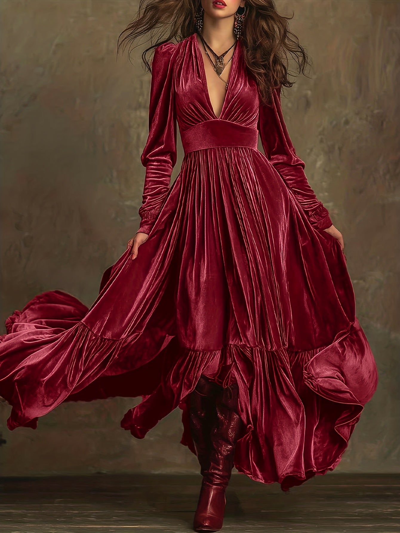 Elegant Velvet Maxi Dress for Women with Plunging V Neck Long Sleeve Tiered Ruffle Flowing Style