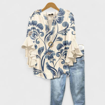 Effortless Floral Print Blouse for Women with V Neck Bell Sleeve Ruffled Relaxed Tunic Style