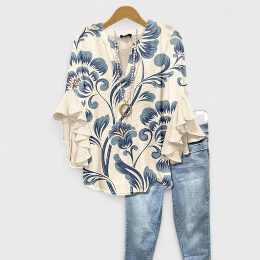 Effortless Floral Print Blouse for Women with V Neck Bell Sleeve Ruffled Relaxed Tunic Style