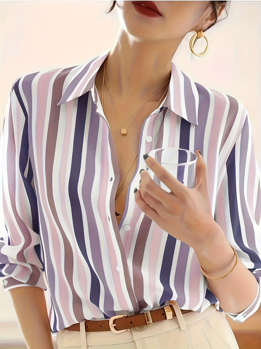 Effortless Striped Blouse for Women with Collar Long Sleeve Button Front Relaxed Style