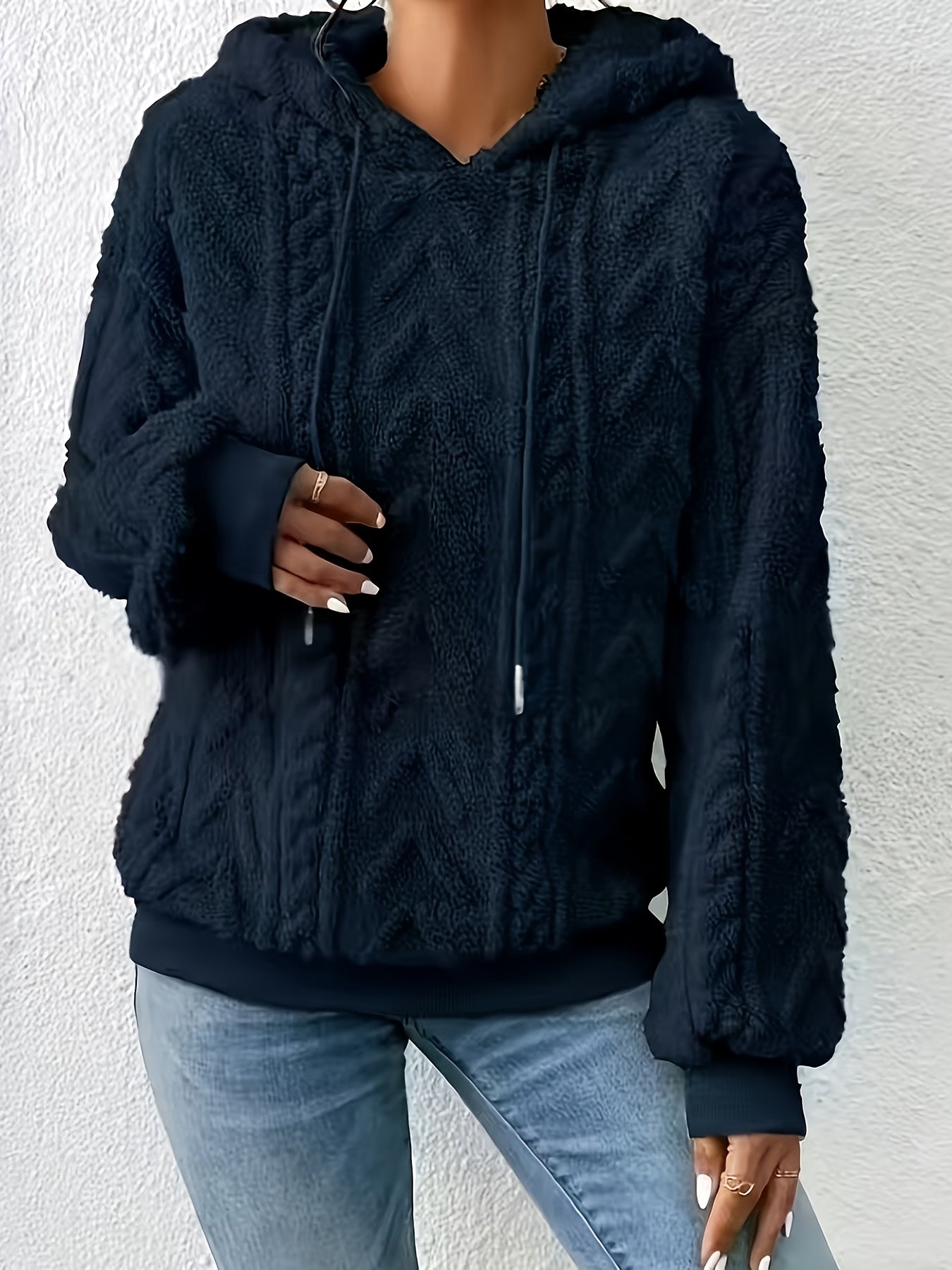 Comfortable Cable Knit Fleece Hoodie for Women with Drawstring Hood Long Sleeve Ribbed Cuff Oversized Style
