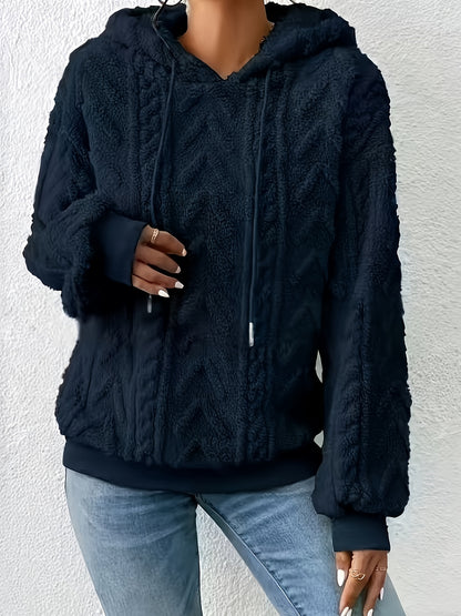 Comfortable Cable Knit Fleece Hoodie for Women with Drawstring Hood Long Sleeve Ribbed Cuff Oversized Style