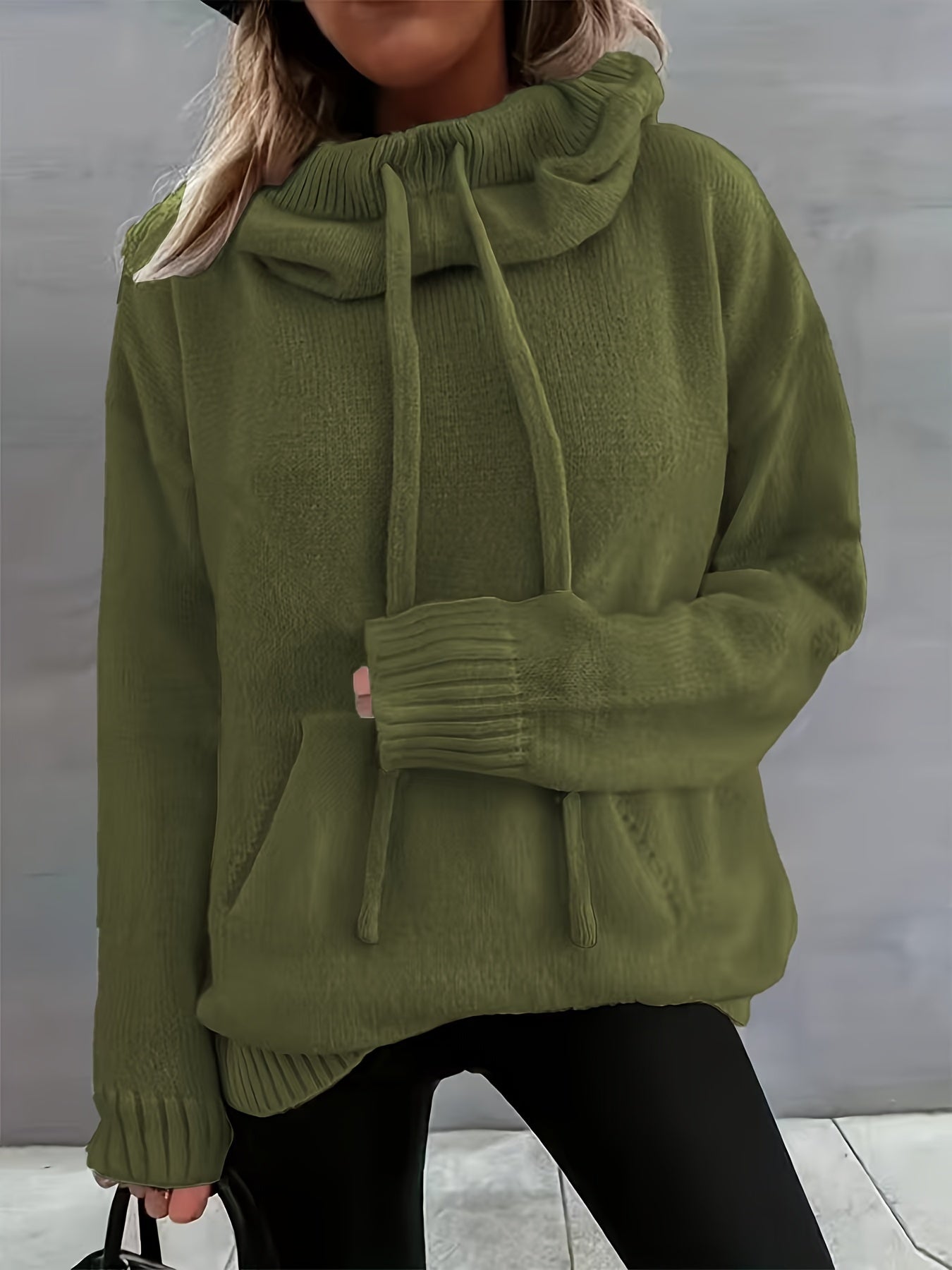 Comfortable Knit Sweater for Women with Cowl Neck Long Sleeve Drawstring Oversized Relaxed Style